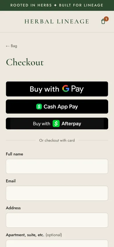 The Herbal Lineage checkout with Google Pay, Cash App Pay and Afterpay buttons