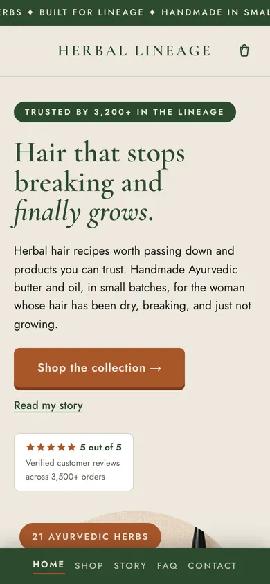 The Herbal Lineage home page on a phone