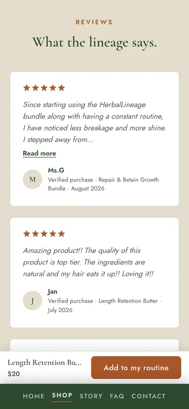 Customer reviews on a Herbal Lineage product page
